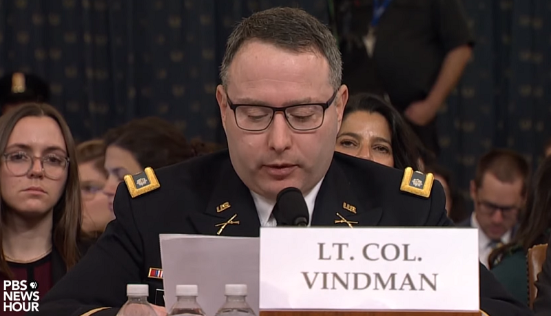 Lt Colonel Vindman testifies during the impeachment hearings.